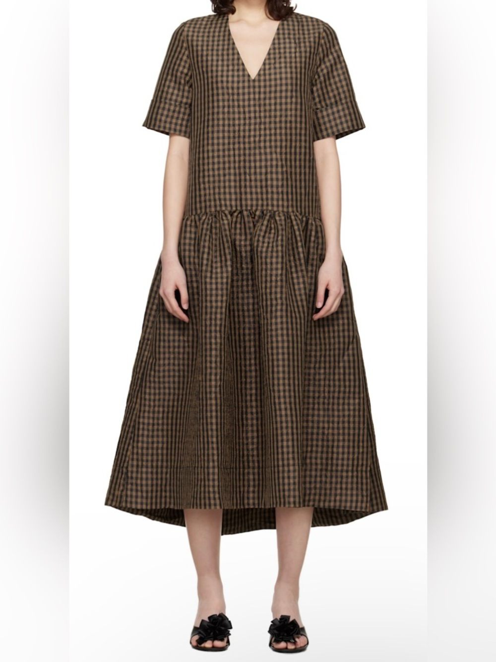 NWT GANNI Brown/Black Crinkled Check Oversized Midi Dress EU 42 (Fits US 10/12)